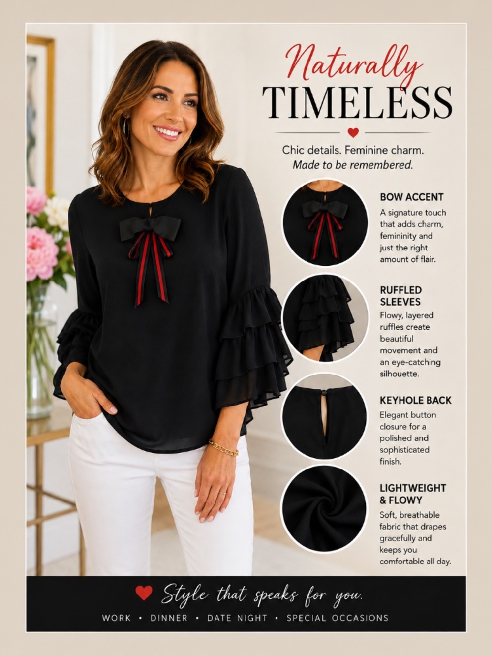 Ups & Downs Black Ruffle Sleeve Bow Blouse Size Small